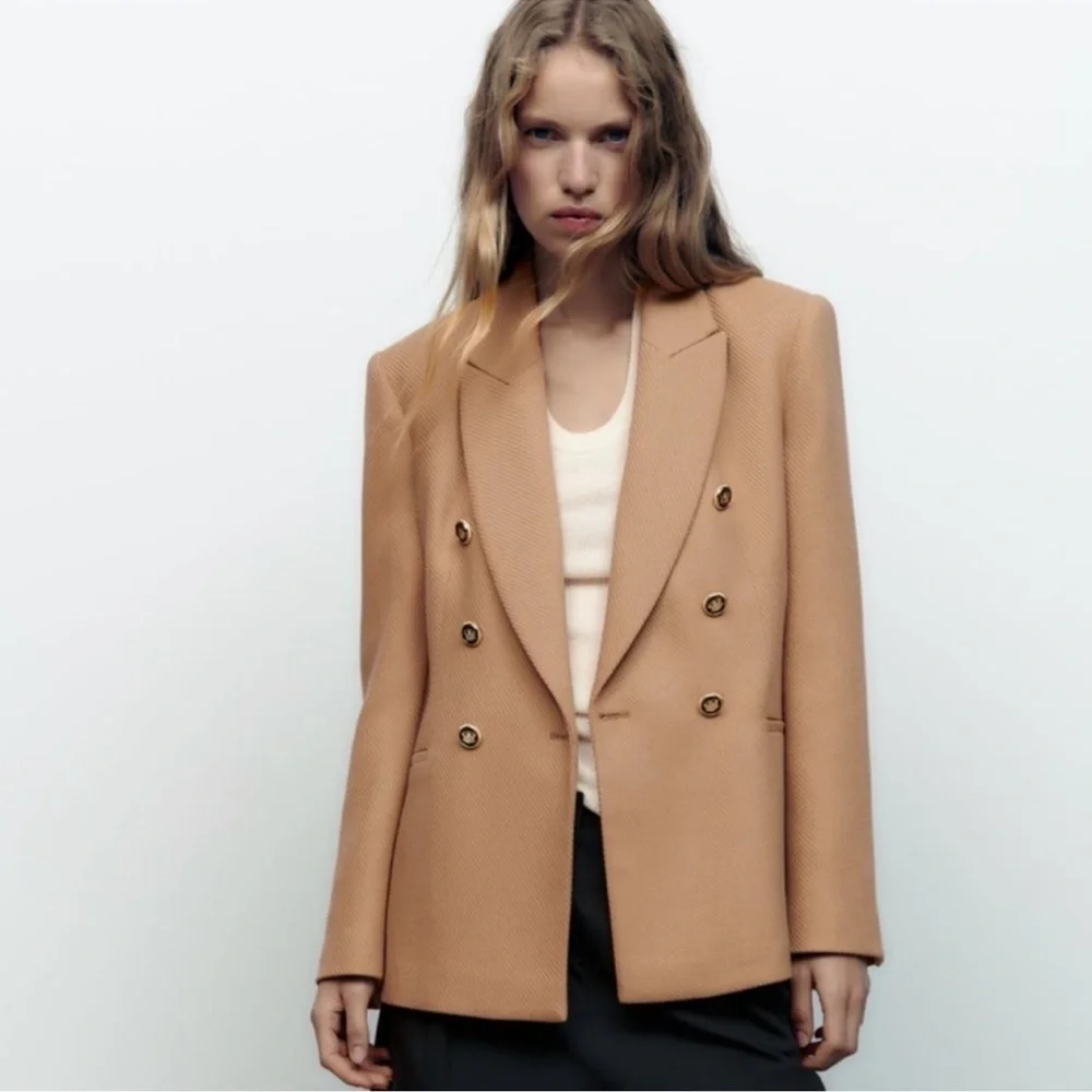 NEW WOMAN DOUBLE-BREASTED PIQUÉ BLAZER TAILORED JACKET CAMEL  XS